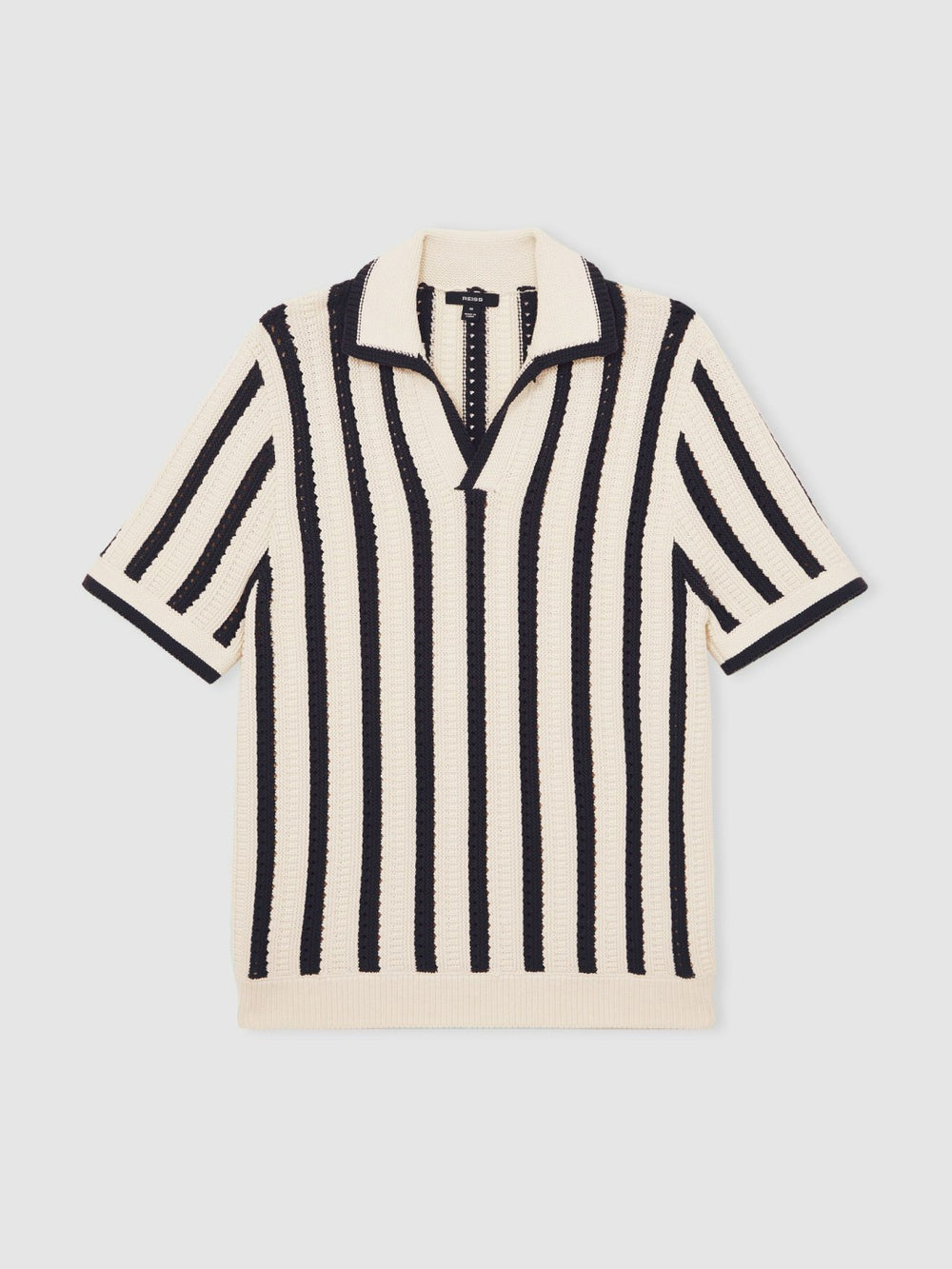 Cotton Blend Stripe Knit Polo Shirt Off White/Navy | Mens