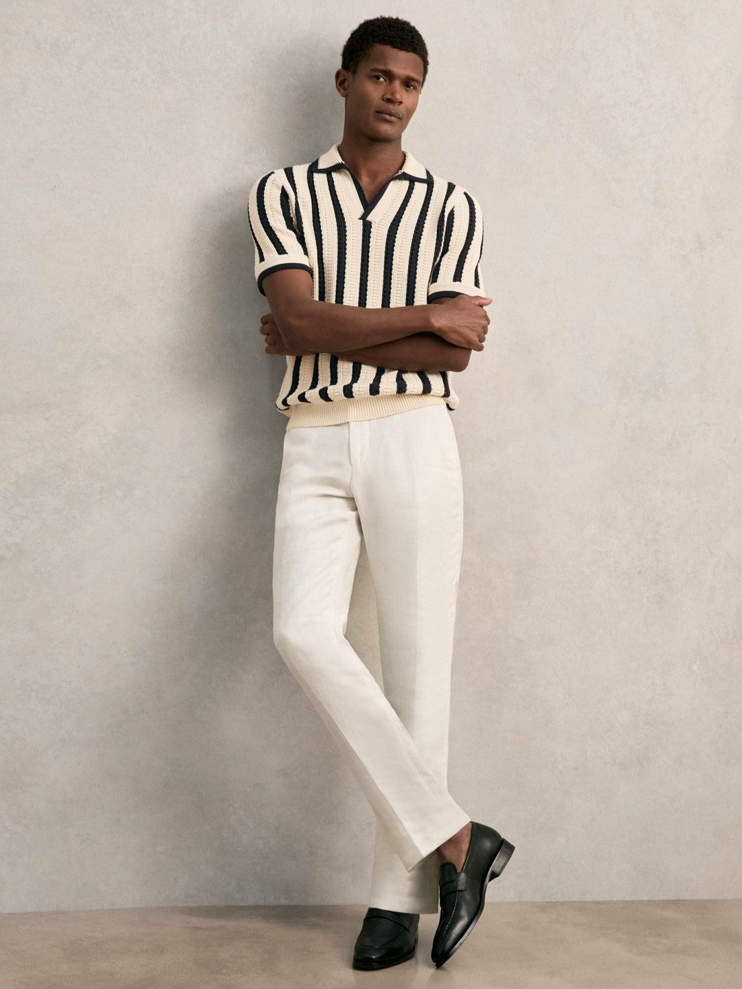 Cotton Blend Stripe Knit Polo Shirt Off White/Navy | Mens