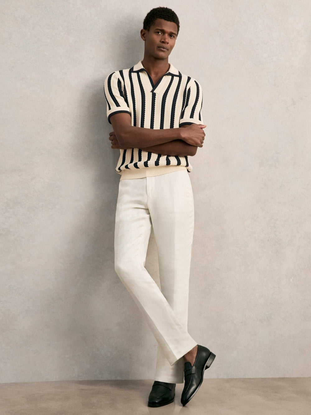 Cotton Blend Stripe Knit Polo Shirt Off White/Navy | Mens