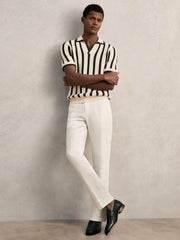 Cotton Blend Stripe Knit Polo Shirt Off White/Navy | Mens