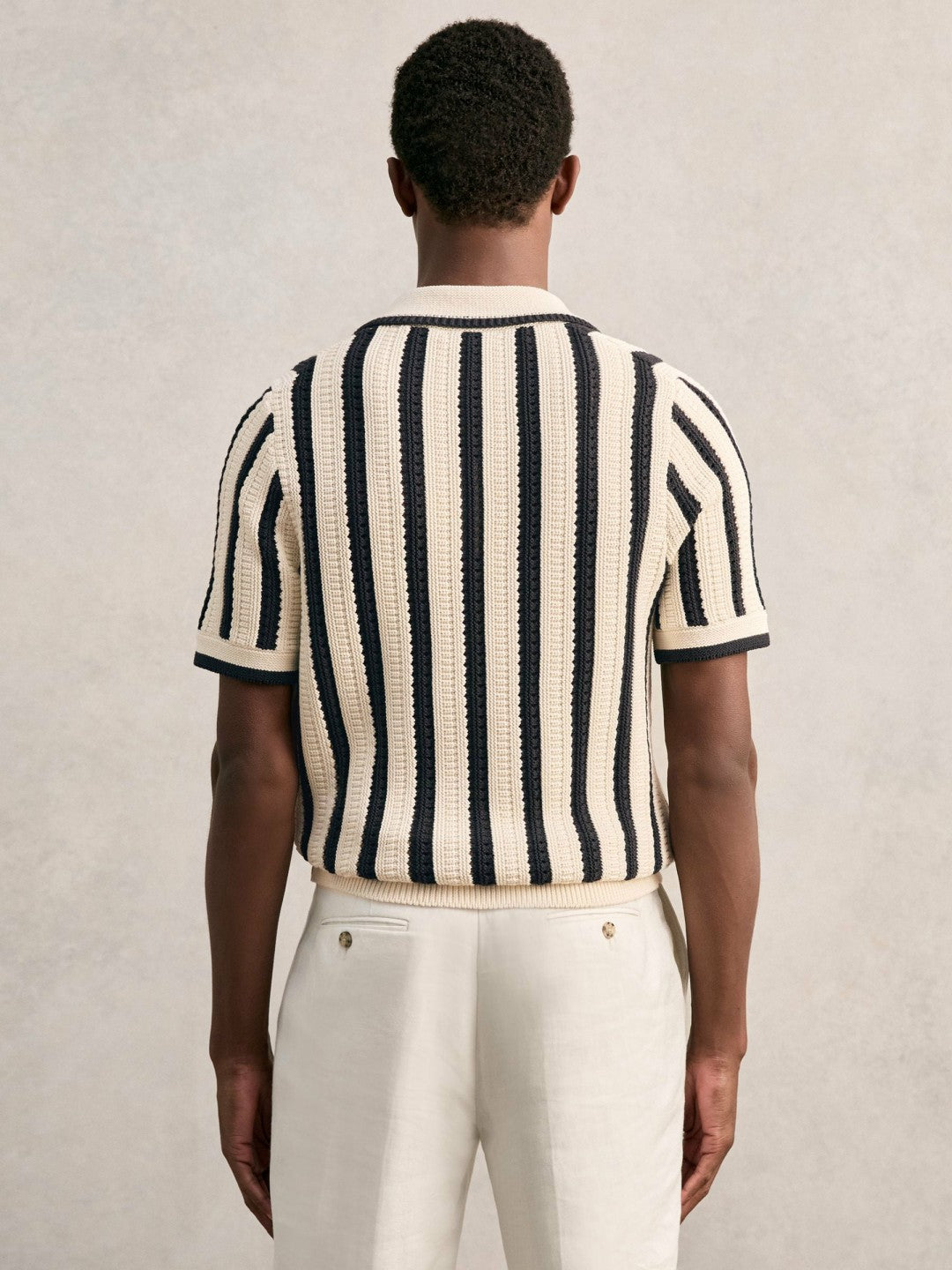 Cotton Blend Stripe Knit Polo Shirt Off White/Navy | Mens