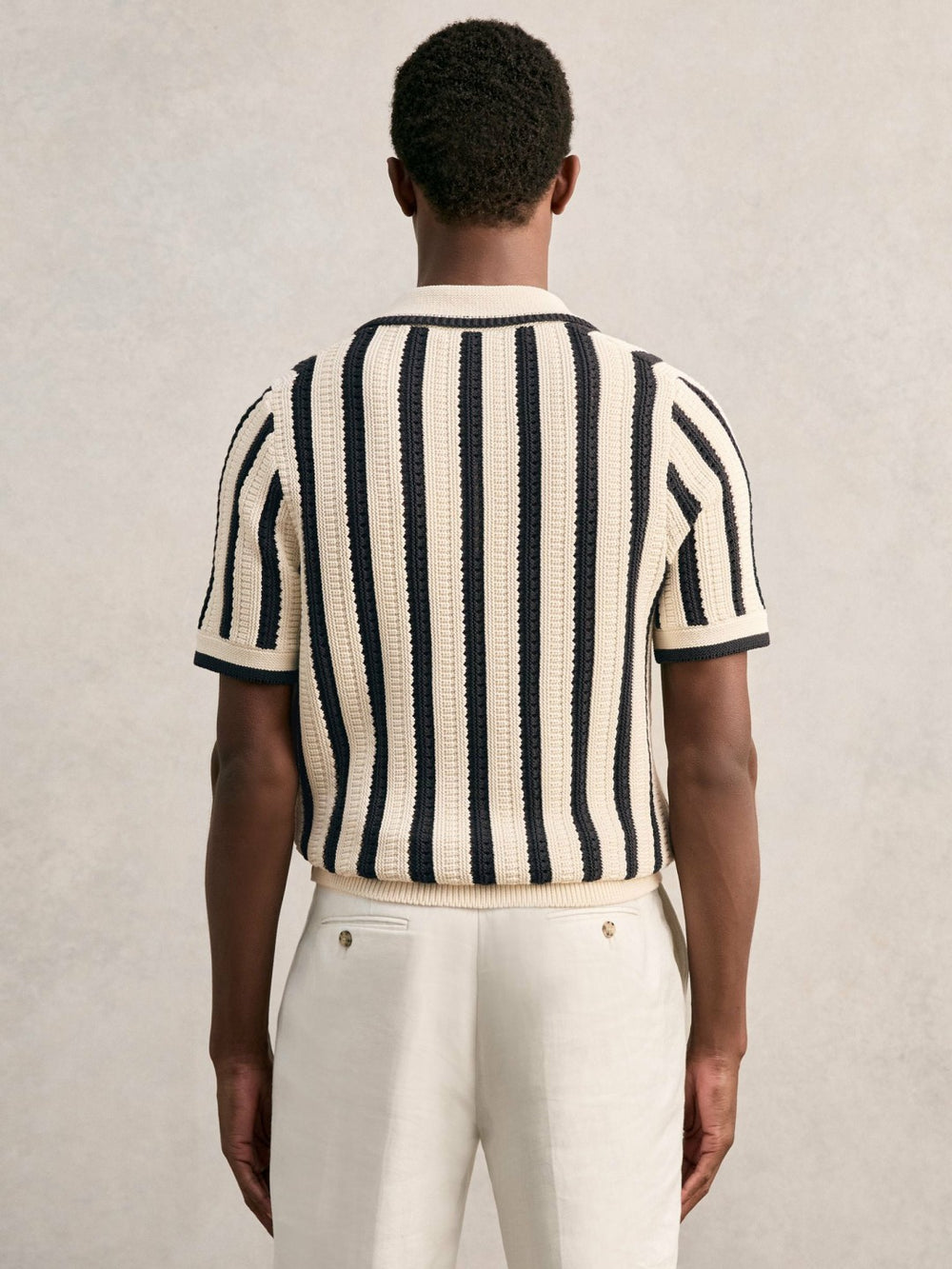 Cotton Blend Stripe Knit Polo Shirt Off White/Navy | Mens