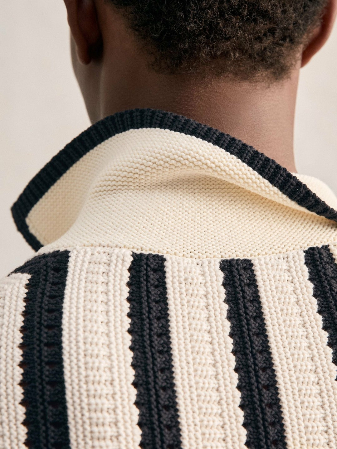Cotton Blend Stripe Knit Polo Shirt Off White/Navy | Mens