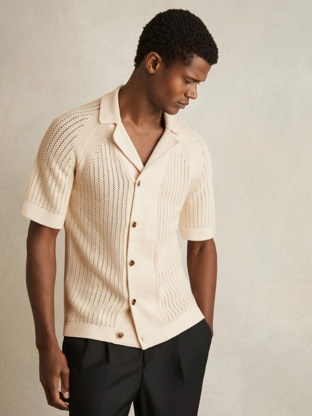 Cotton Textured-Knit Cuban-Collar Shirt Light Stone | Mens