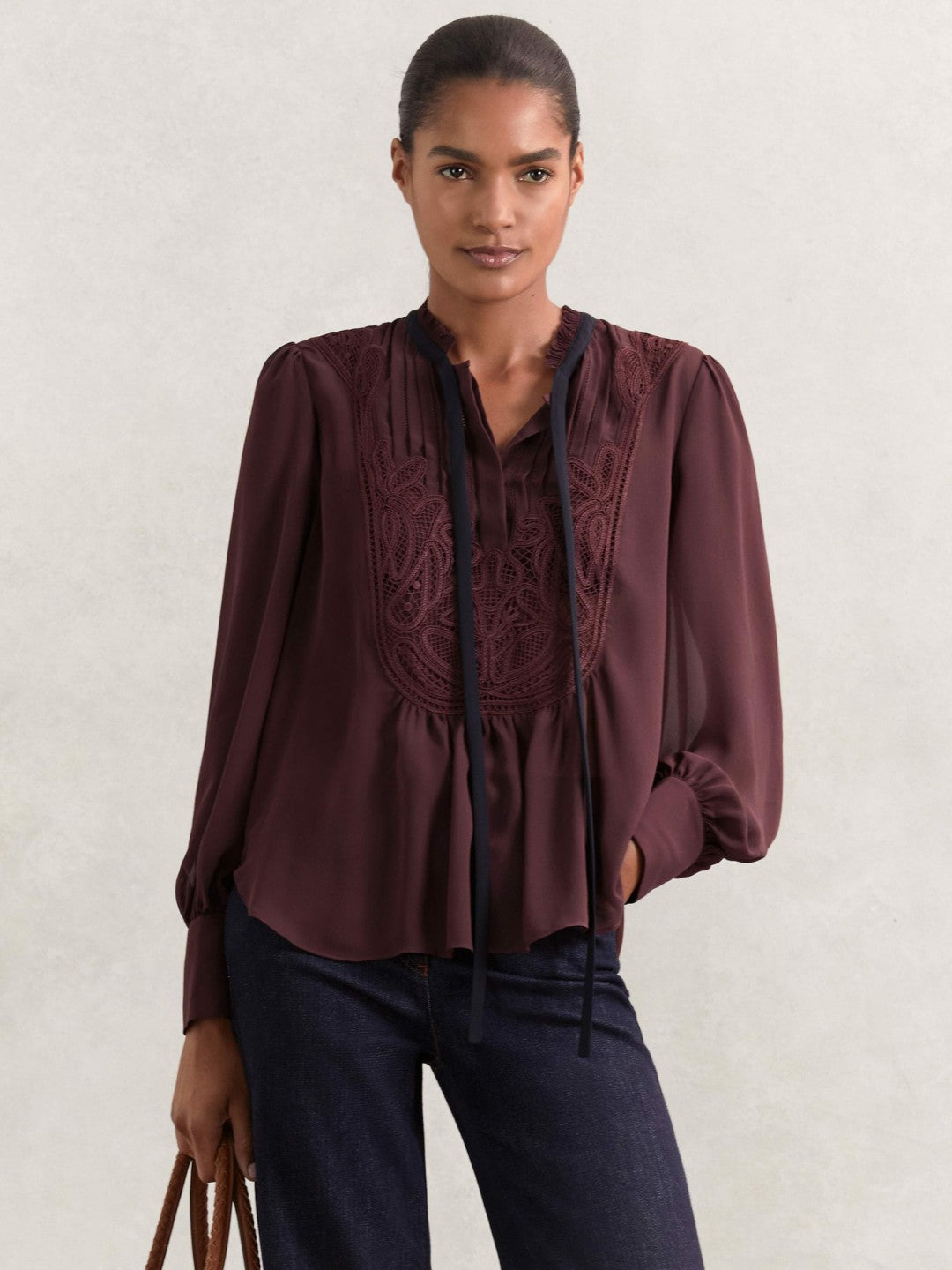 Lace-Embroidered Tie-Neck Shirt Burgundy | Womens