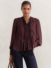 Lace-Embroidered Tie-Neck Shirt Burgundy | Womens