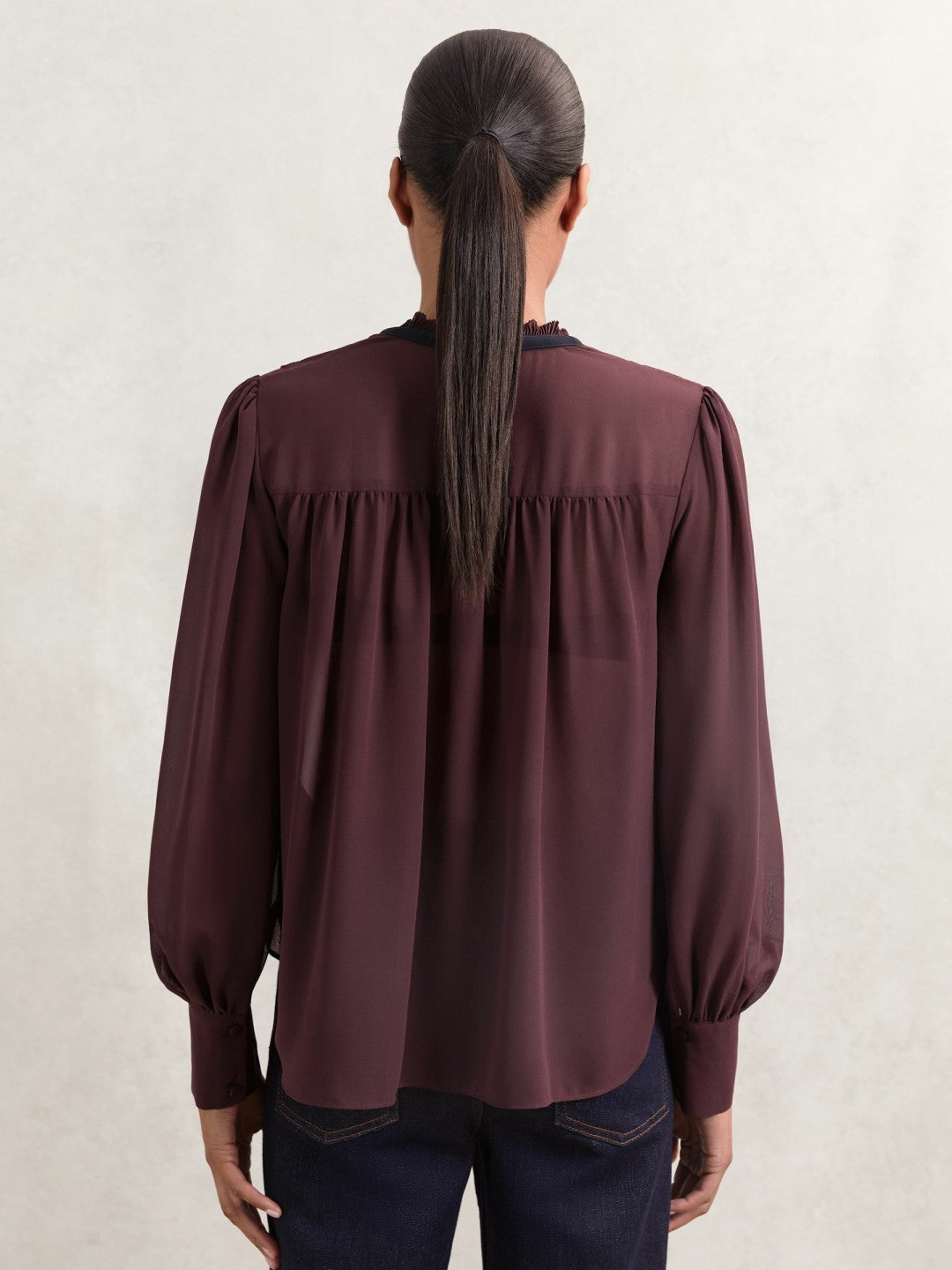 Lace-Embroidered Tie-Neck Shirt Burgundy | Womens