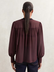 Lace-Embroidered Tie-Neck Shirt Burgundy | Womens