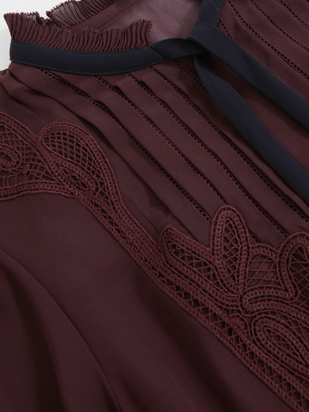 Lace-Embroidered Tie-Neck Shirt Burgundy | Womens