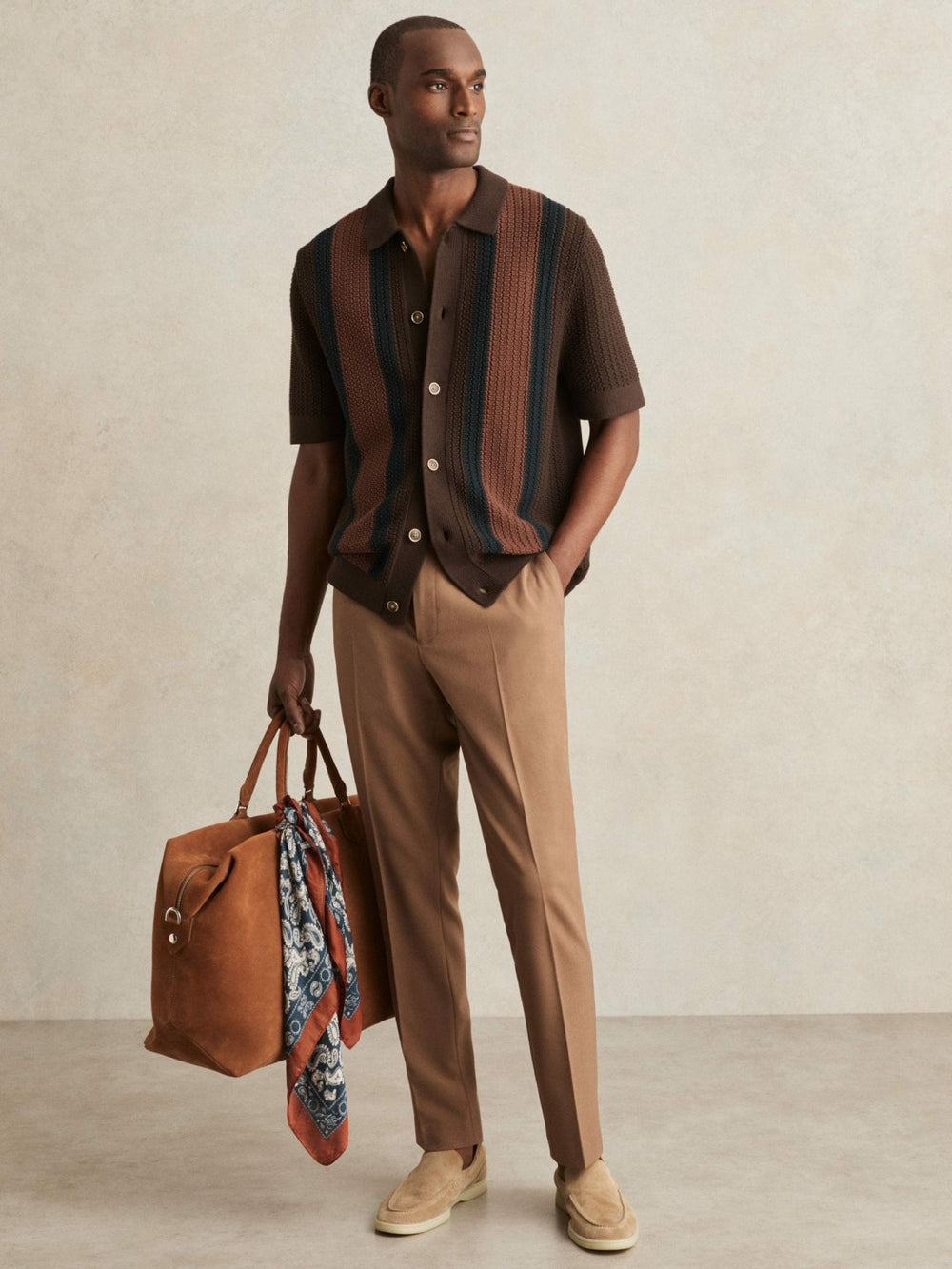 Cotton Textured-Knit Stripe Shirt Brown Multi | Mens