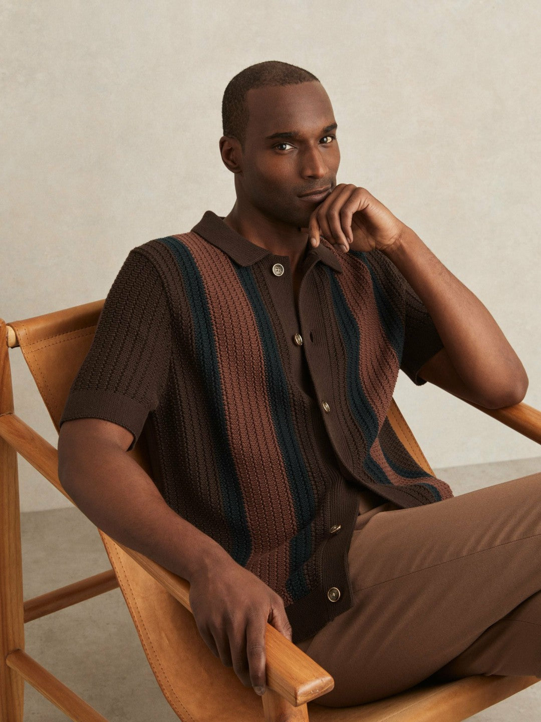 Cotton Textured-Knit Stripe Shirt Brown Multi | Mens