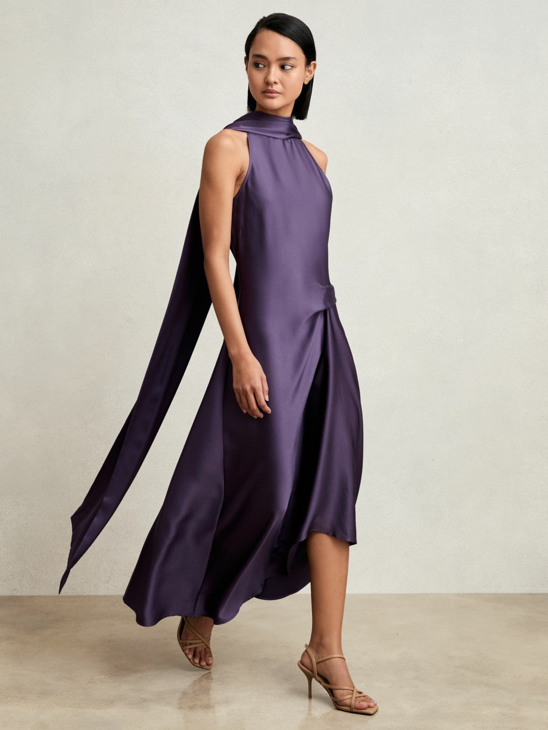 Satin Tuck-Detail Cape Midi Dress Purple | Womens