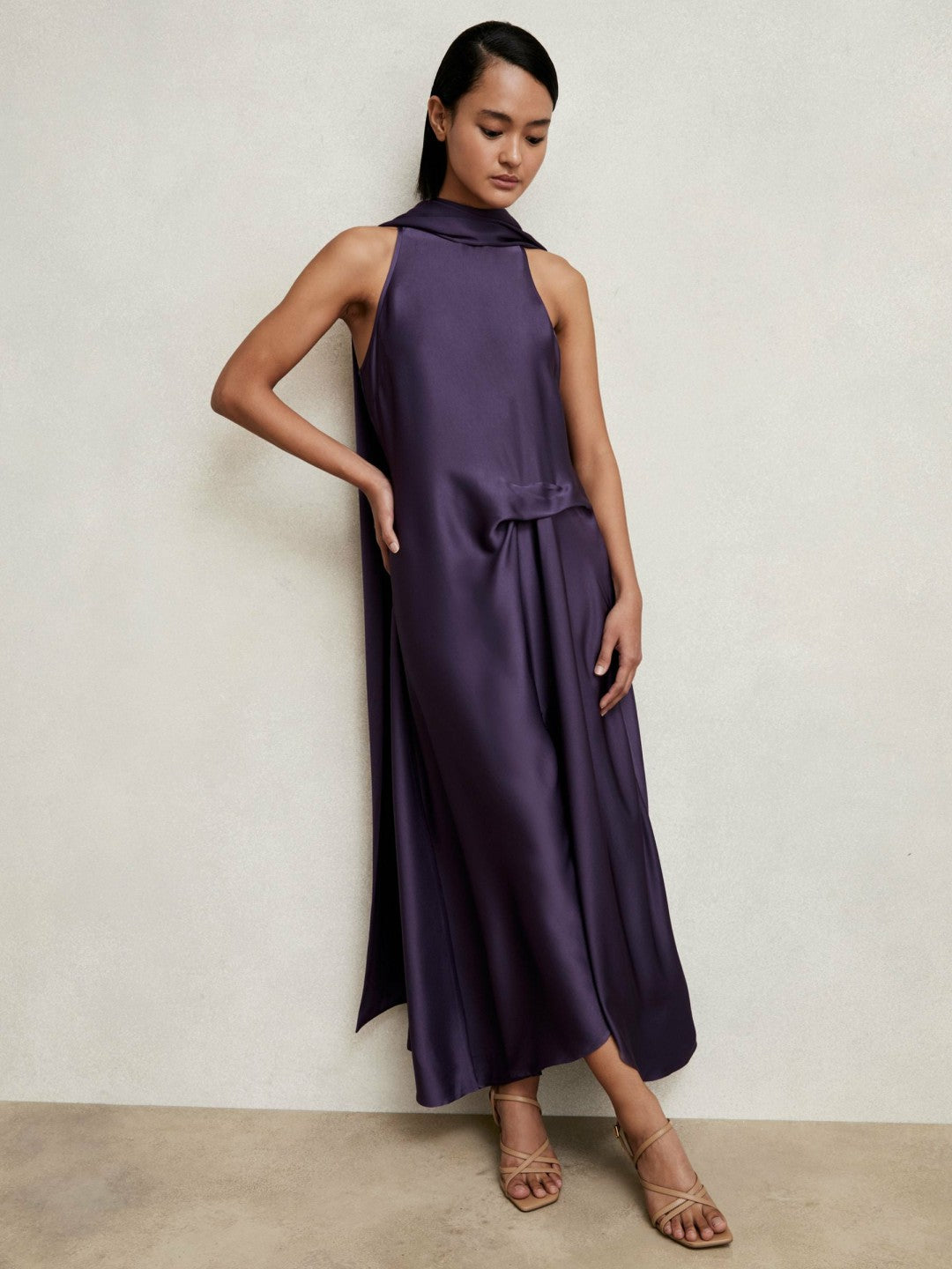 Satin Tuck-Detail Cape Midi Dress Purple | Womens
