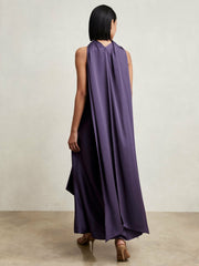 Satin Tuck-Detail Cape Midi Dress Purple | Womens