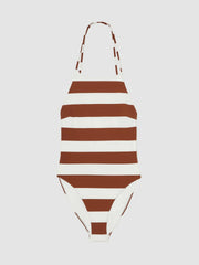 Stripe Cross-Back Swimsuit Brown/White | Womens