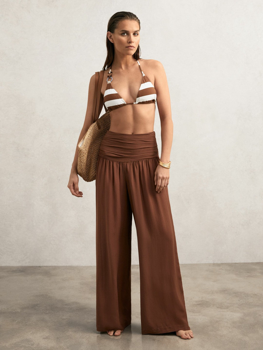 Stripe Halterneck Triangle Bikini Top Navy/Brown | Womens