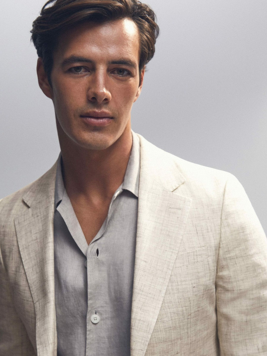 Linen-Cotton Single-Breasted Suit Blazer Slim-Fit Stone | Mens