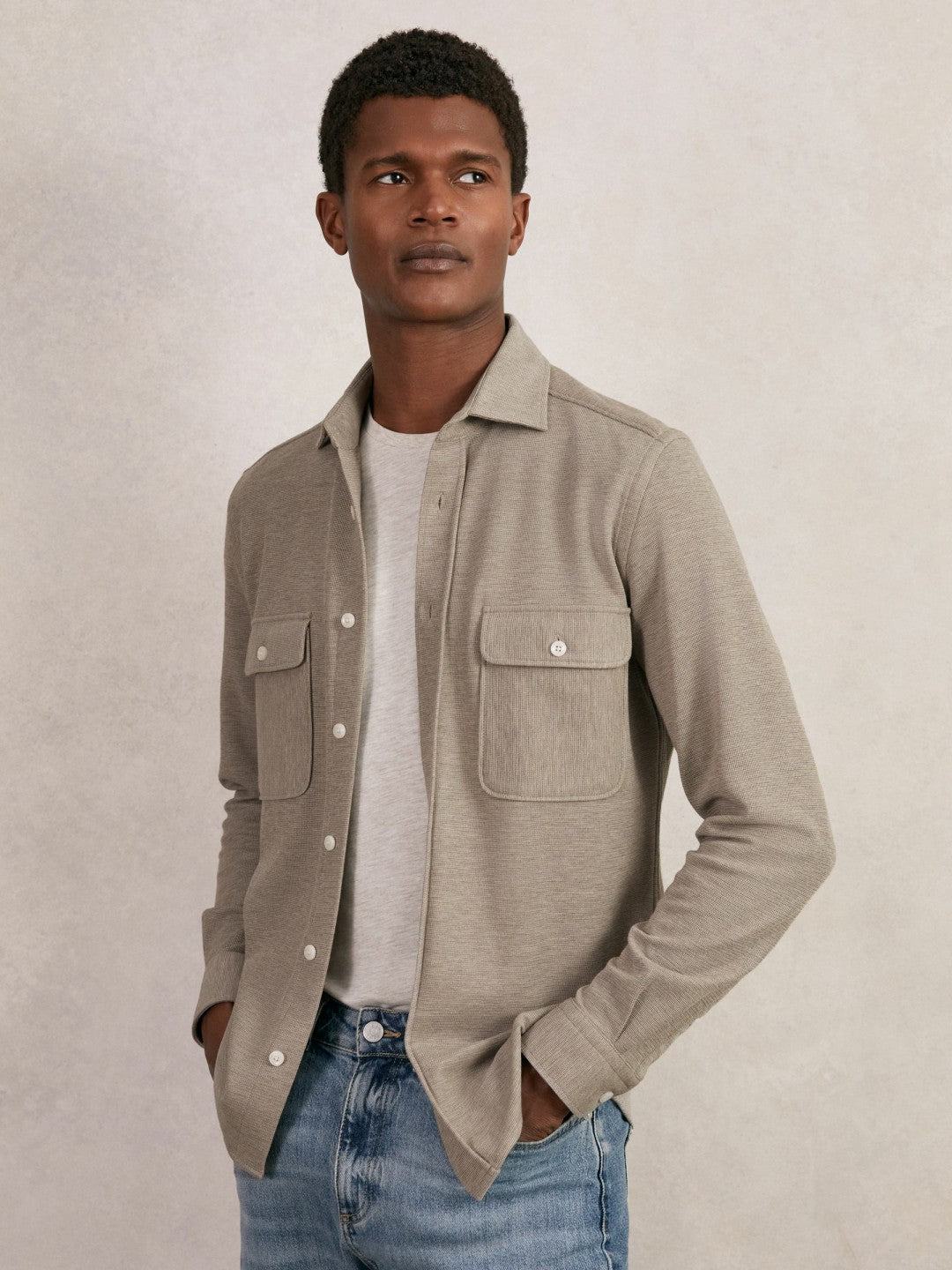 Textured Twin Pocket Cotton Blend Overshirt Oatmeal Brown Melange | Mens