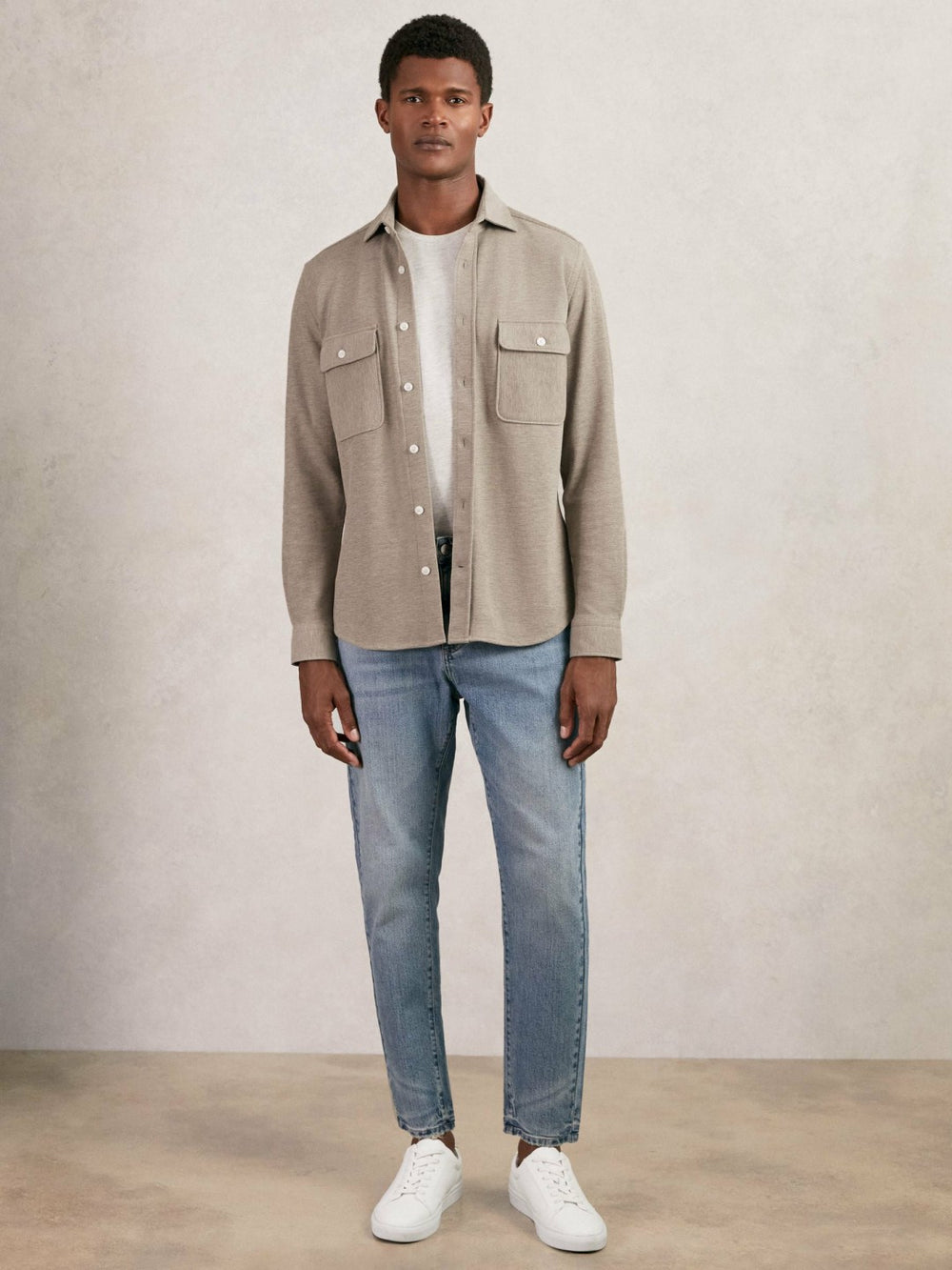 Textured Twin Pocket Cotton Blend Overshirt Oatmeal Brown Melange | Mens