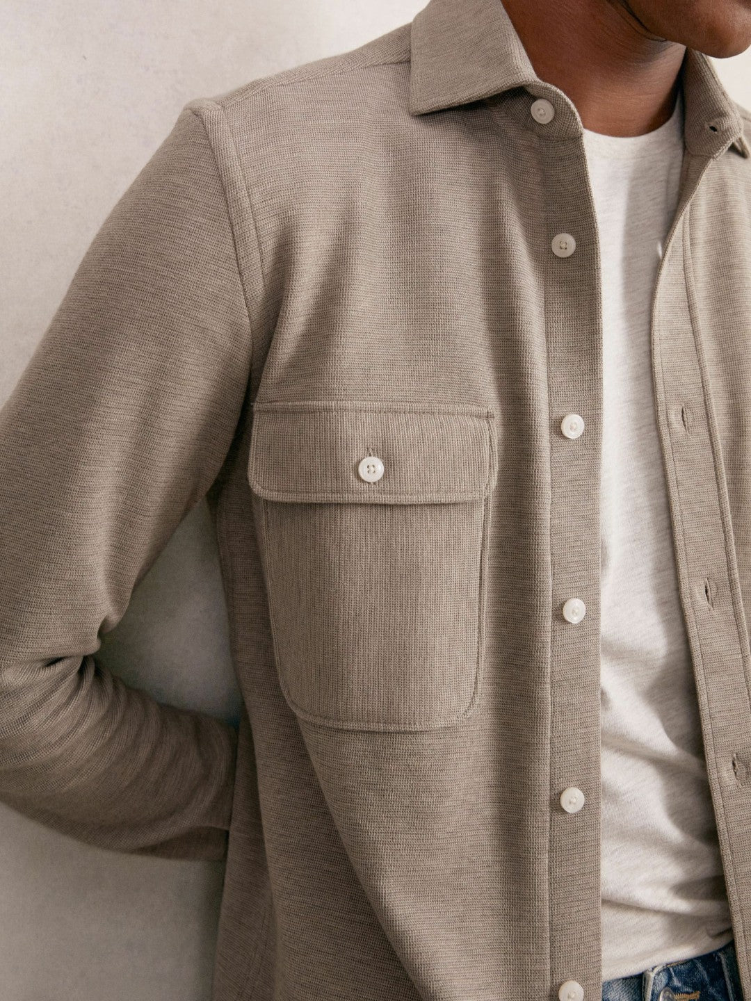 Textured Twin Pocket Cotton Blend Overshirt Oatmeal Brown Melange | Mens