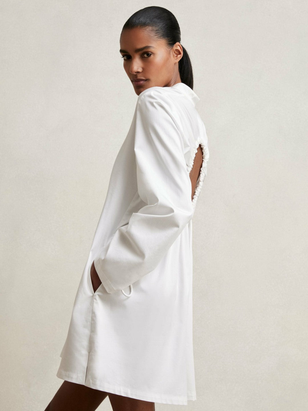 Cotton Gathered Cut-Out Shirt Dress with Stretch Ivory | Womens
