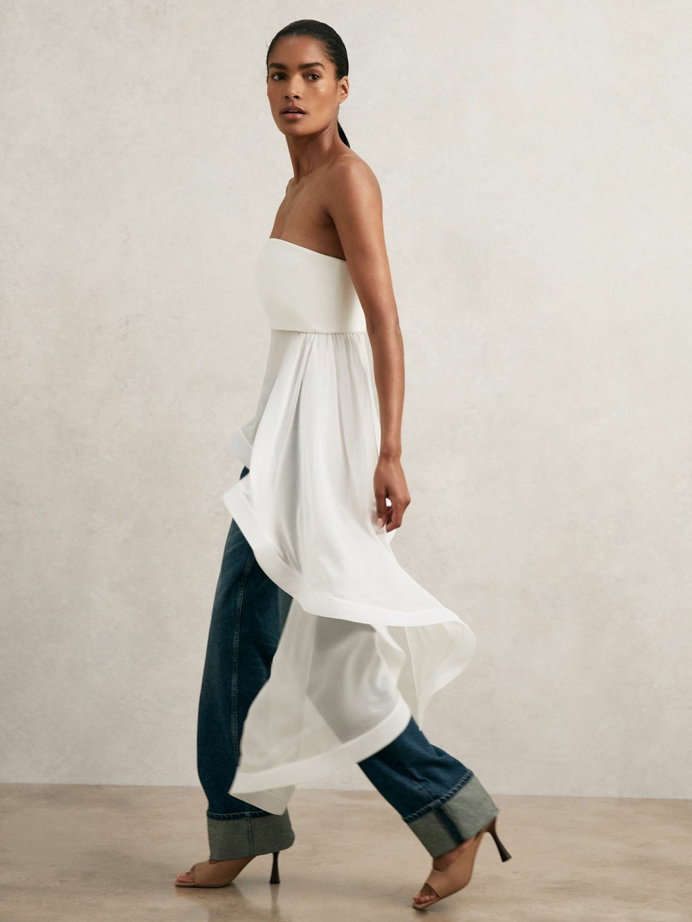 Silk Asymmetric-Ruffle Bandeau Top Ivory | Womens