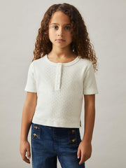 9-13 yrs Cotton Pointelle Button T-Shirt Ivory | Children
