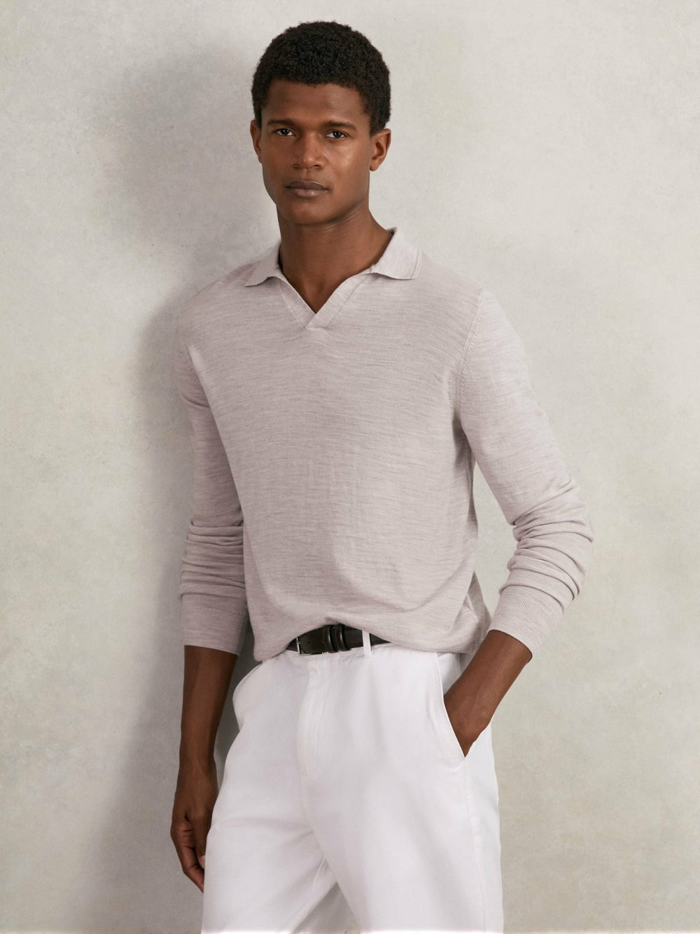 Merino Wool Open-Collar Polo Shirt Wicker Brown Melange | Mens