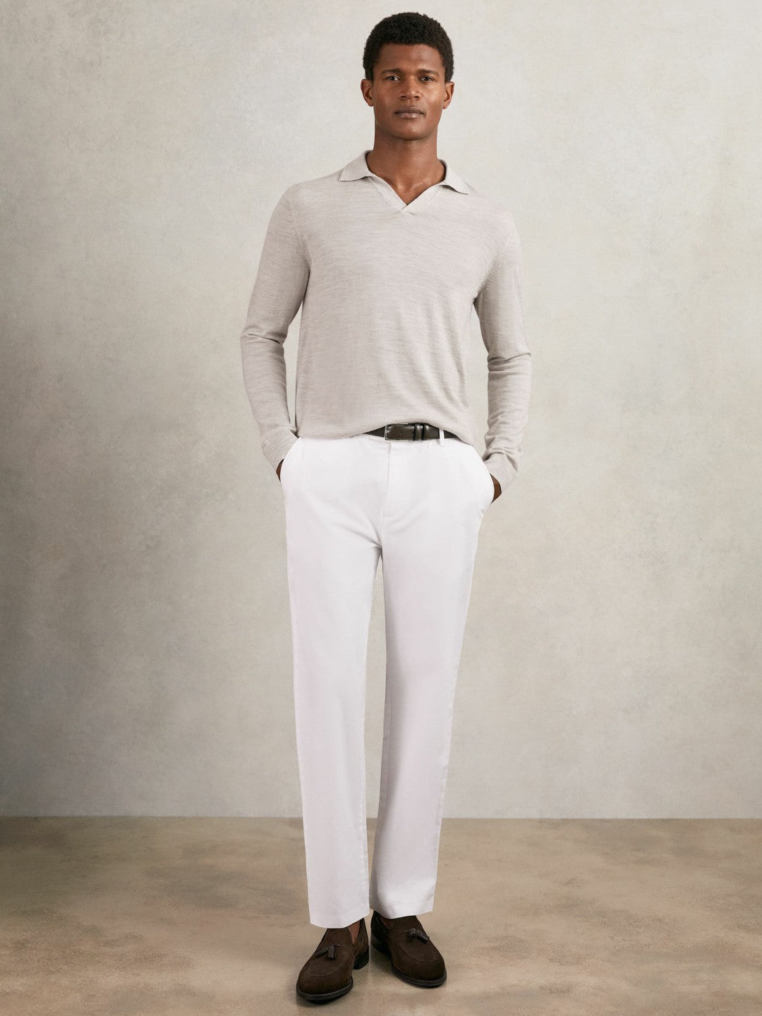 Merino Wool Open-Collar Polo Shirt Wicker Brown Melange | Mens