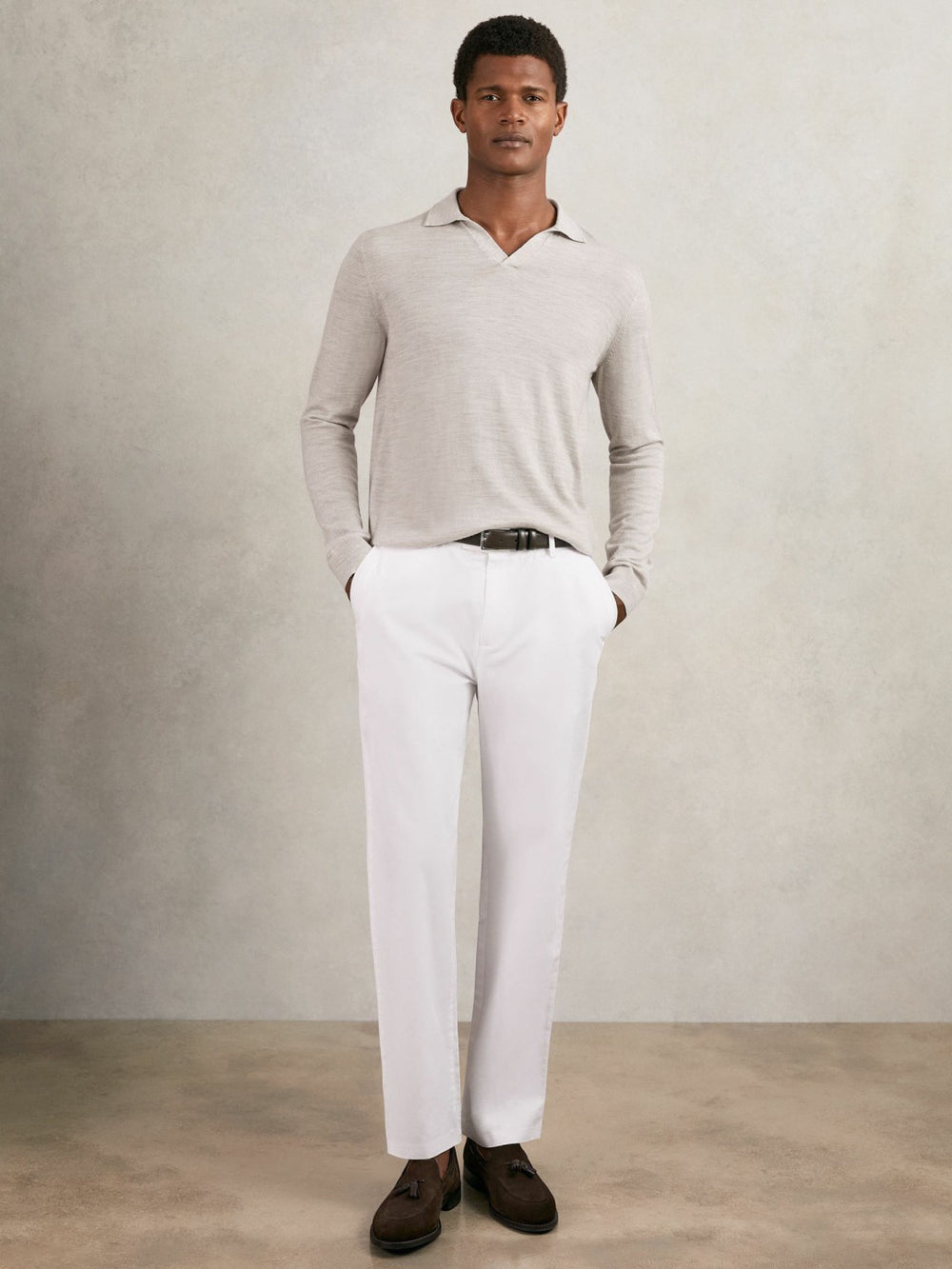 Merino Wool Open-Collar Polo Shirt Wicker Brown Melange | Mens