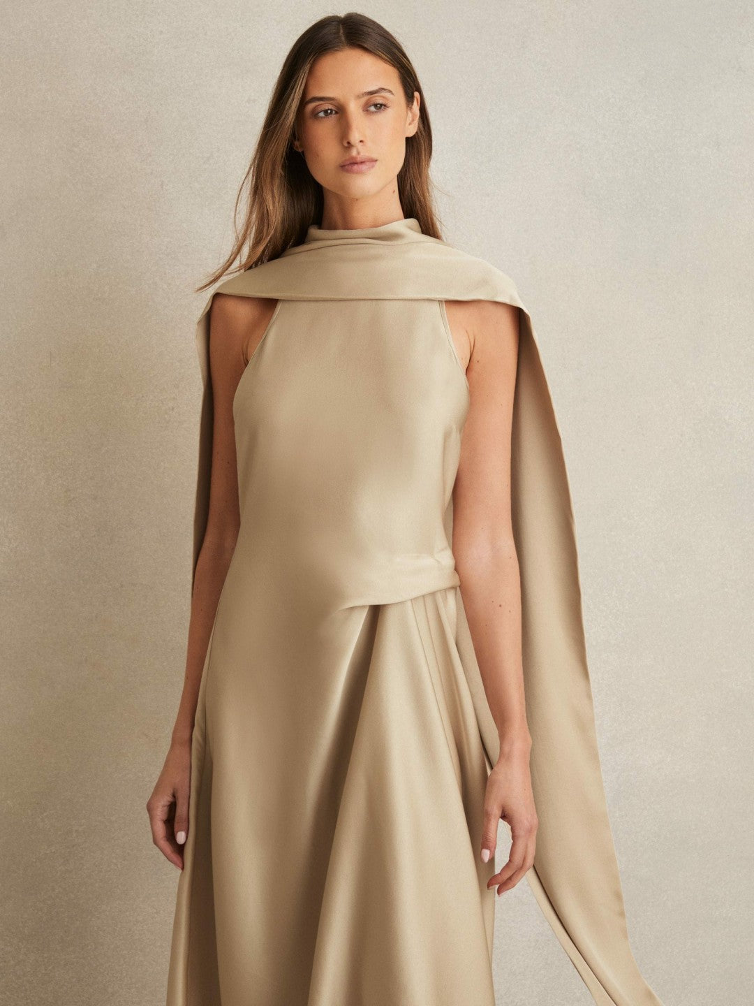 Satin Tuck-Detail Cape Midi Dress Champagne Neutral | Womens