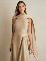 Satin Tuck-Detail Cape Midi Dress Champagne Neutral | Womens