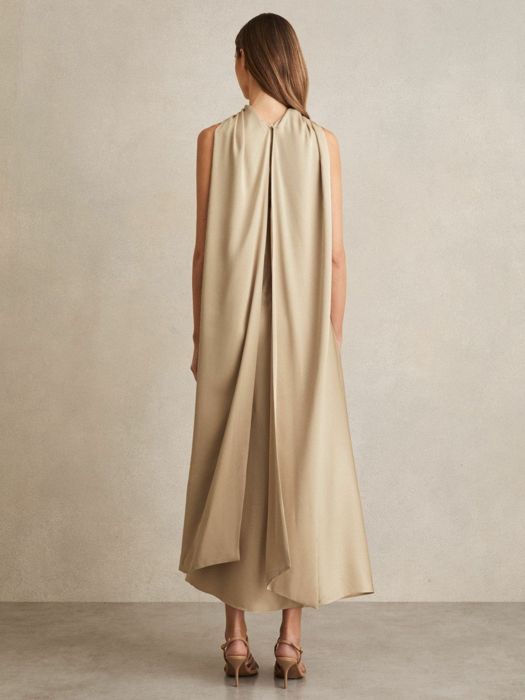 Satin Tuck-Detail Cape Midi Dress Champagne Neutral | Womens