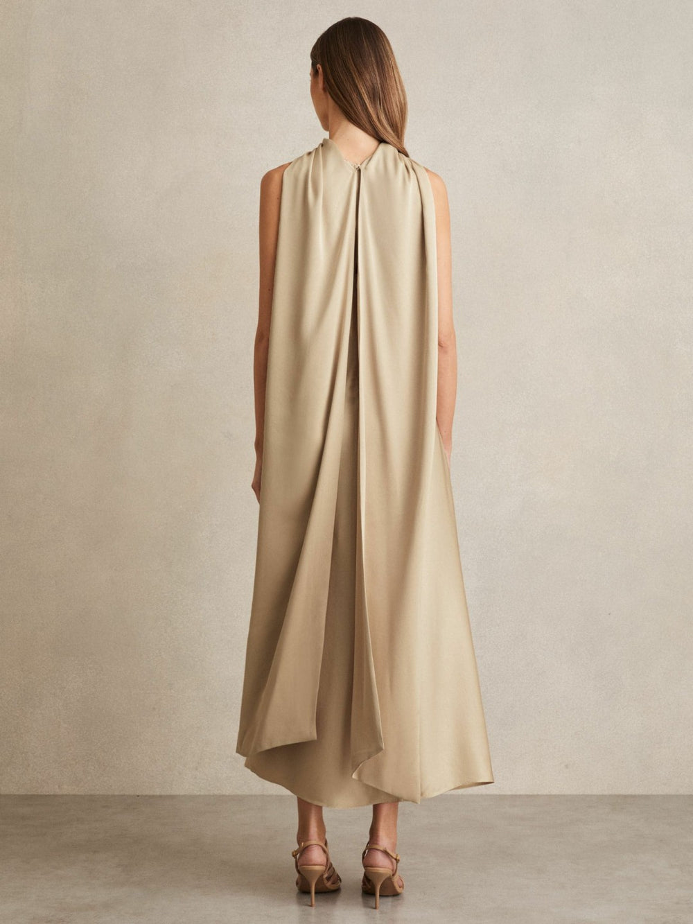 Satin Tuck-Detail Cape Midi Dress Champagne Neutral | Womens