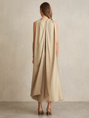 Satin Tuck-Detail Cape Midi Dress Champagne Neutral | Womens