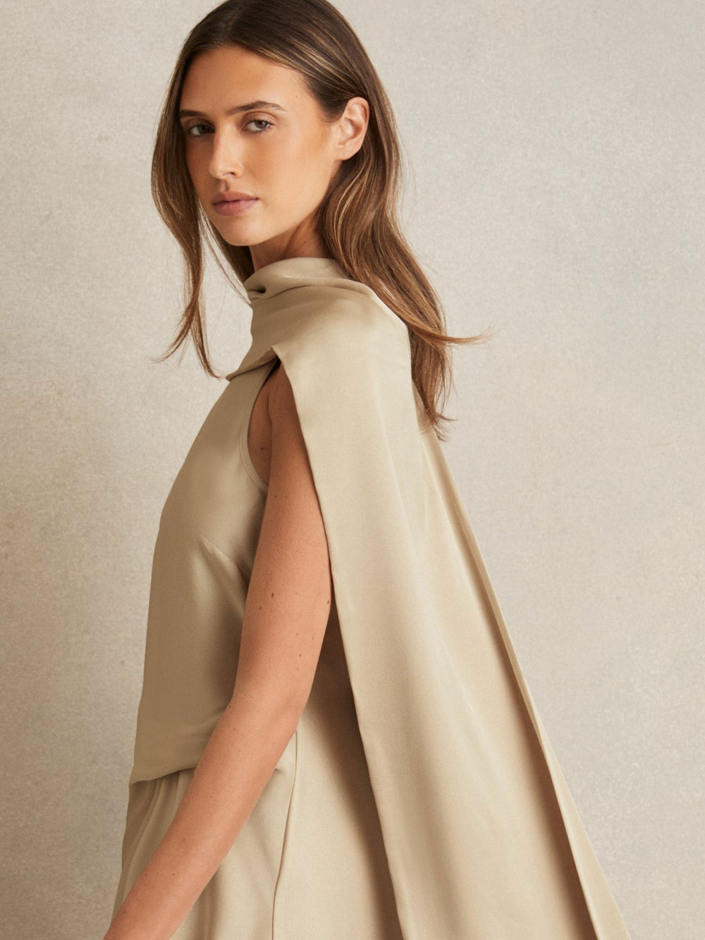 Satin Tuck-Detail Cape Midi Dress Champagne Neutral | Womens