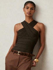 Cross Neck Textured Top Chocolate | Womens