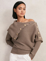 Rib-Knit Button Shawl Jumper Taupe | Womens