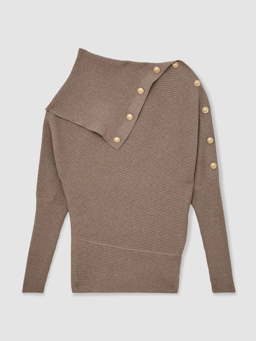 Rib-Knit Button Shawl Jumper Taupe | Womens