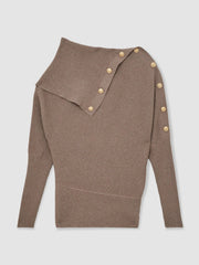 Rib-Knit Button Shawl Jumper Taupe | Womens