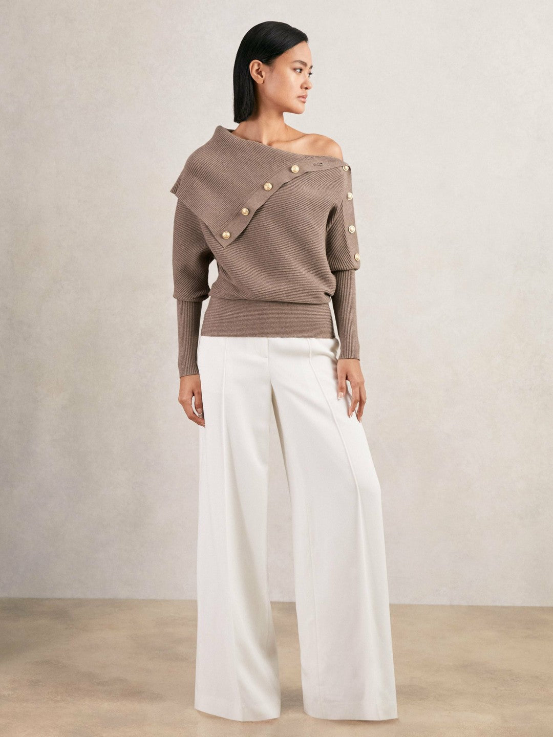 Rib-Knit Button Shawl Jumper Taupe | Womens