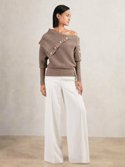 Rib-Knit Button Shawl Jumper Taupe | Womens