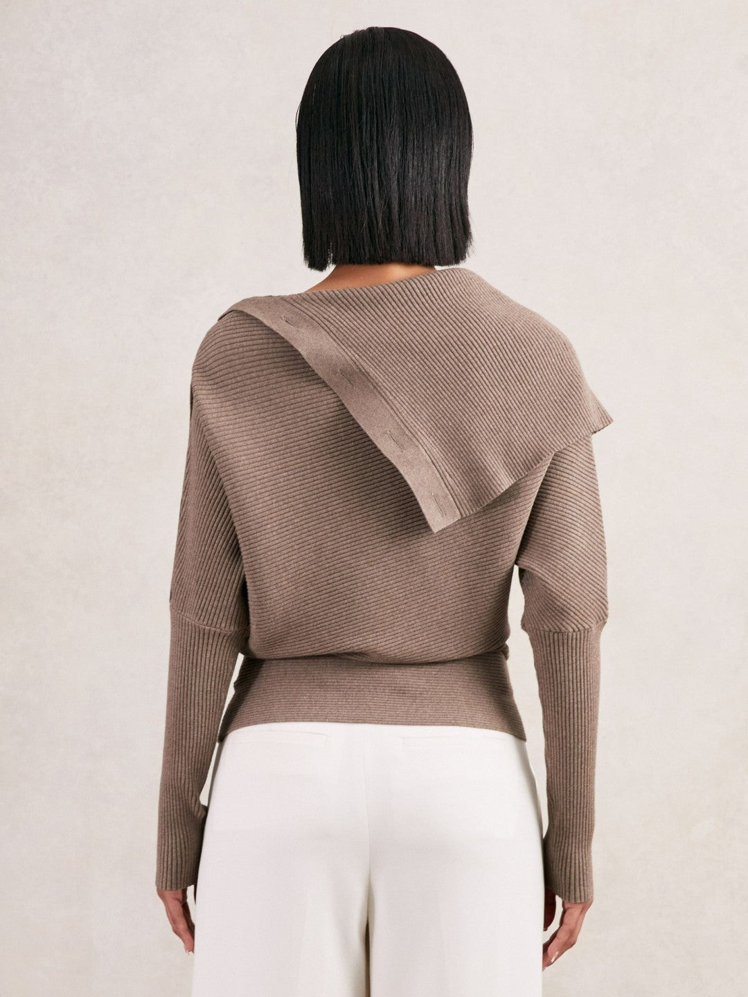 Rib-Knit Button Shawl Jumper Taupe | Womens