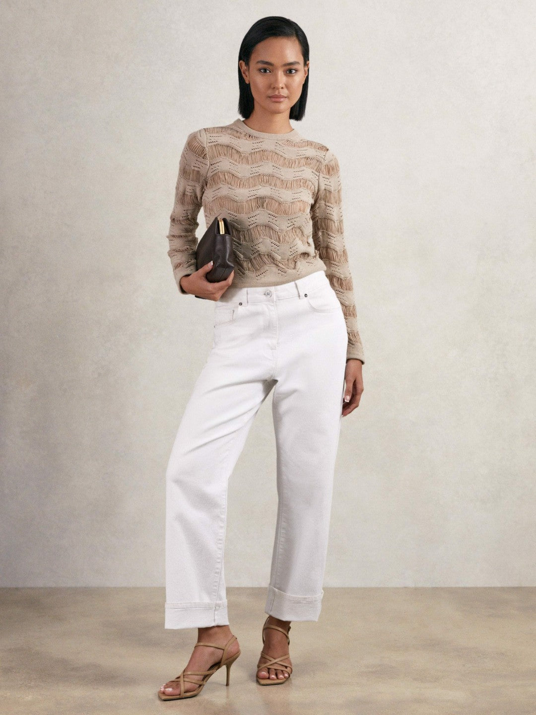 Cotton Blend Ladder Knit Top Taupe Neutral | Womens