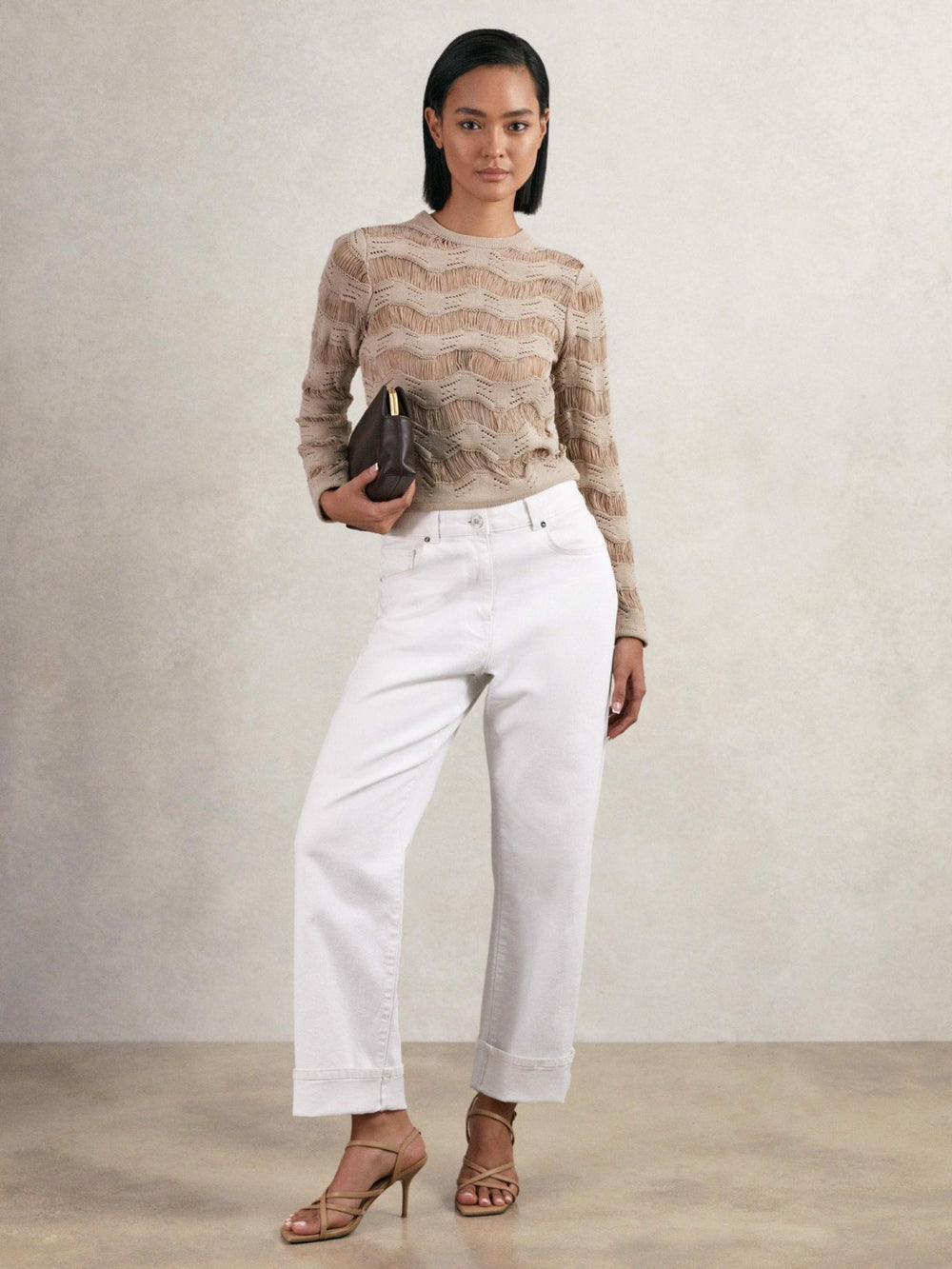 Cotton Blend Ladder Knit Top Taupe Neutral | Womens