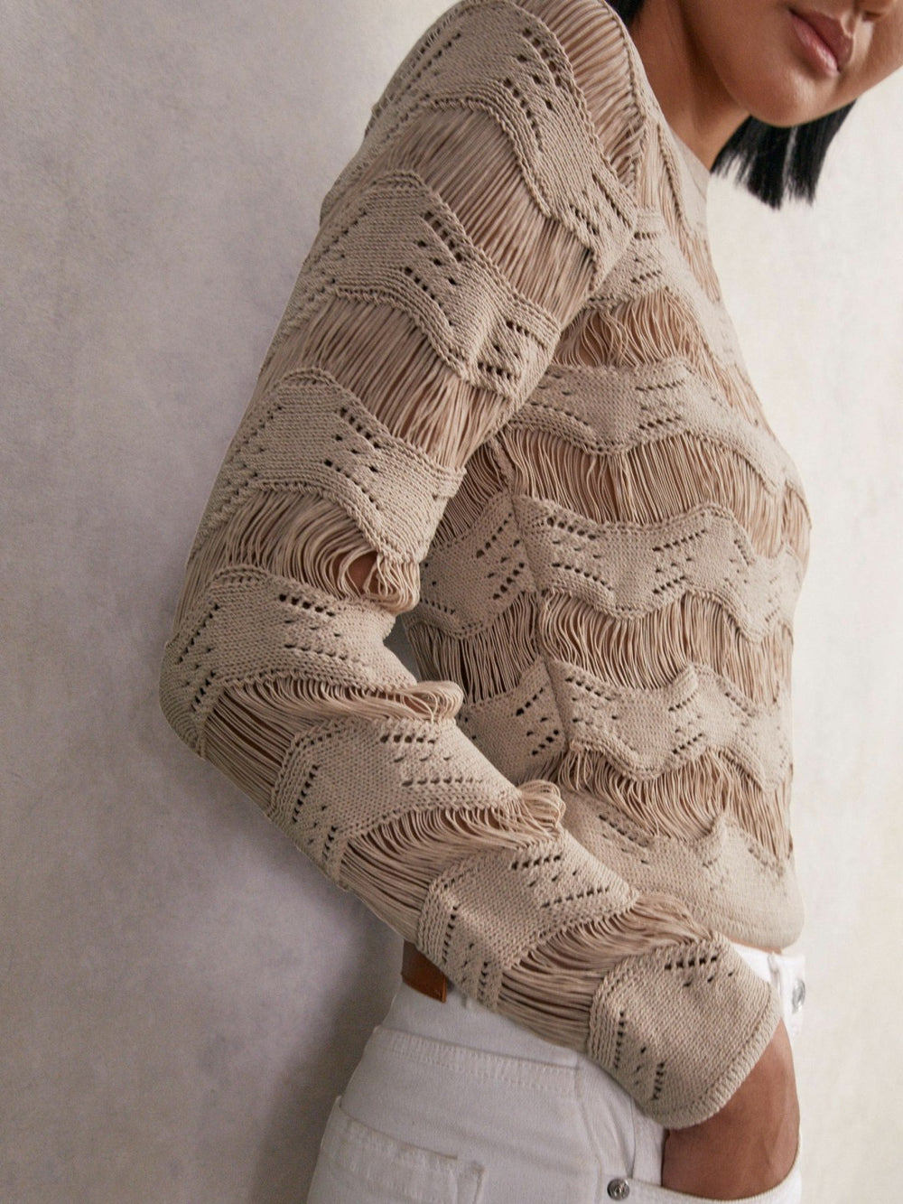 Cotton Blend Ladder Knit Top Taupe Neutral | Womens