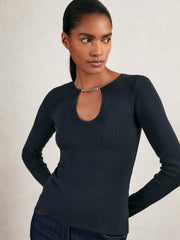 Chain-Detail Keyhole Knit Top Navy | Womens