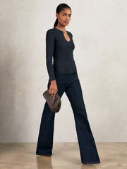 Chain-Detail Keyhole Knit Top Navy | Womens