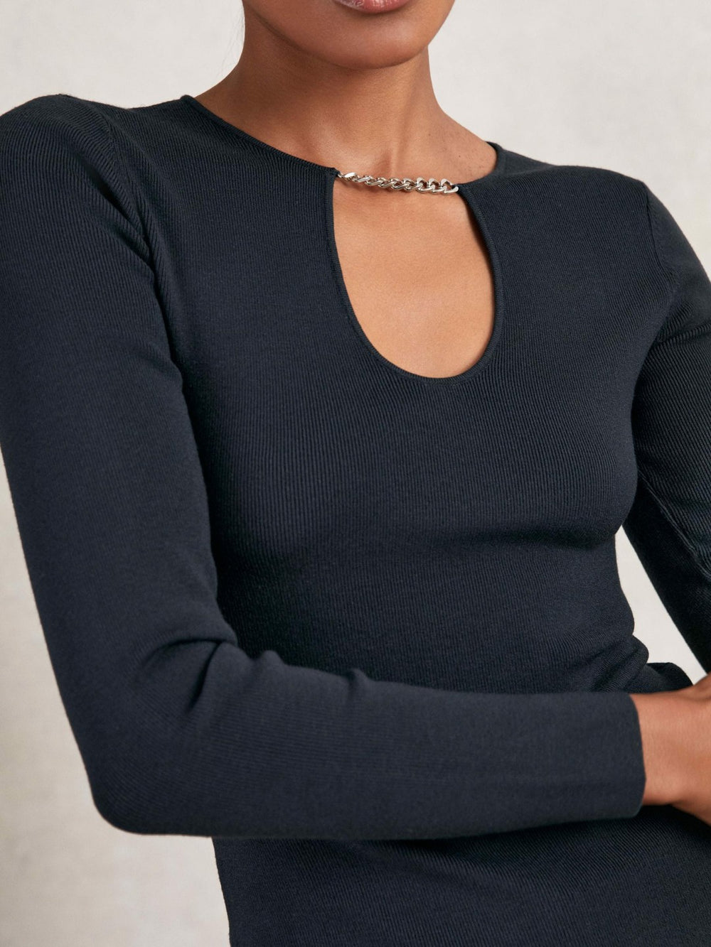 Chain-Detail Keyhole Knit Top Navy | Womens