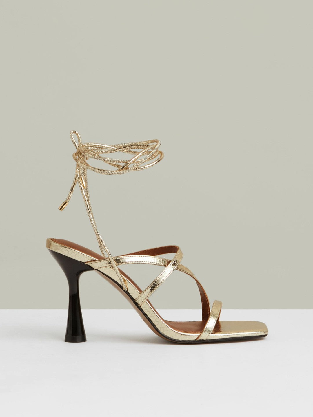 Leather Metallic Strappy Heeled Sandals Gold | Womens